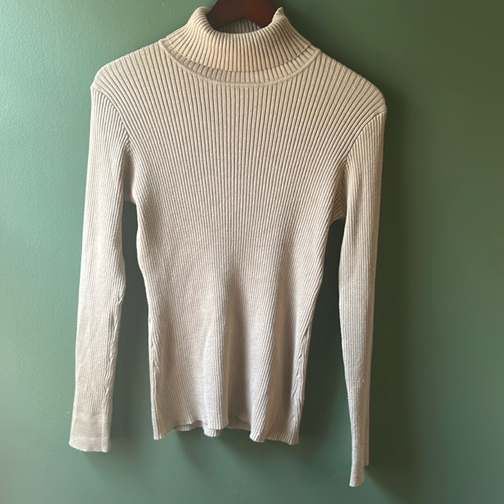 Cyrus - M - Tan Long Sleeved Turtleneck Top Stretch Fit Rayon and Nylon